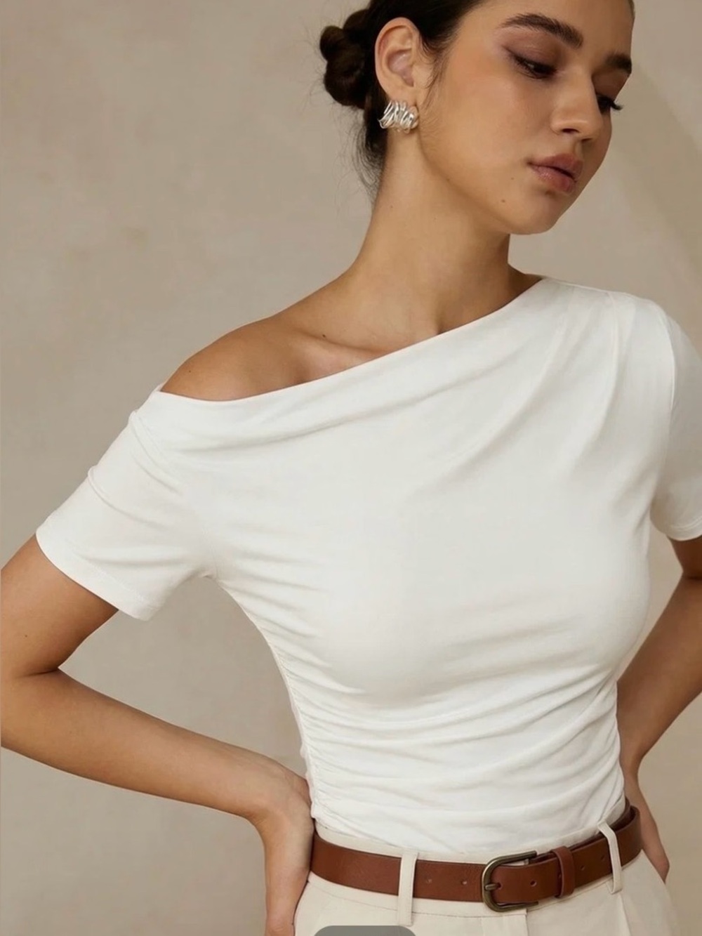 Commense White Ruched Off Shoulder Dressy Top